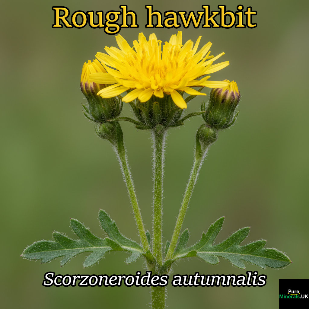 A macro photograph of a Rough hawkbit (Scorzoneroides autumnalis) with a bright yellow flower, showing the rough, slender stem and deeply lobed basal leaves.