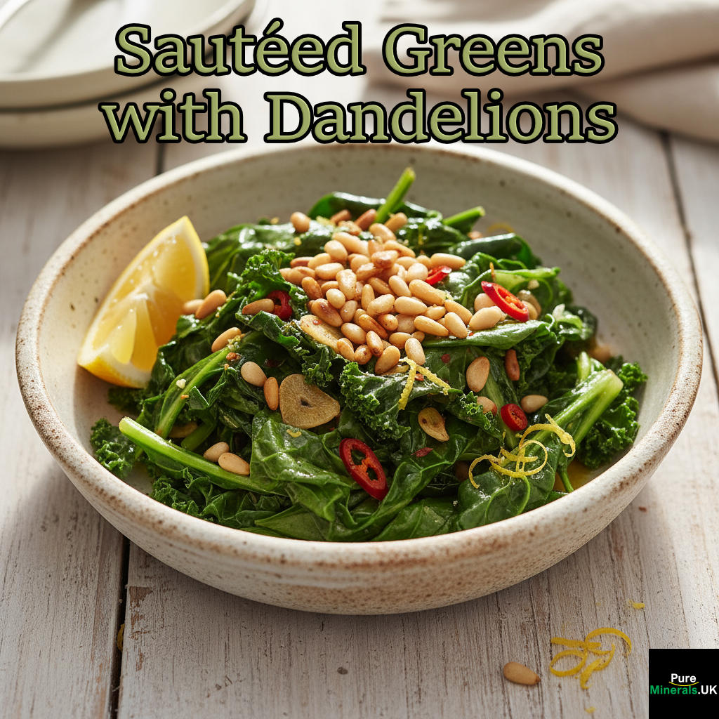 A close-up of sautéed green vegetables seasoned with garlic, red pepper flakes, and toasted pine nuts, served with a lemon wedge in a white bowl.