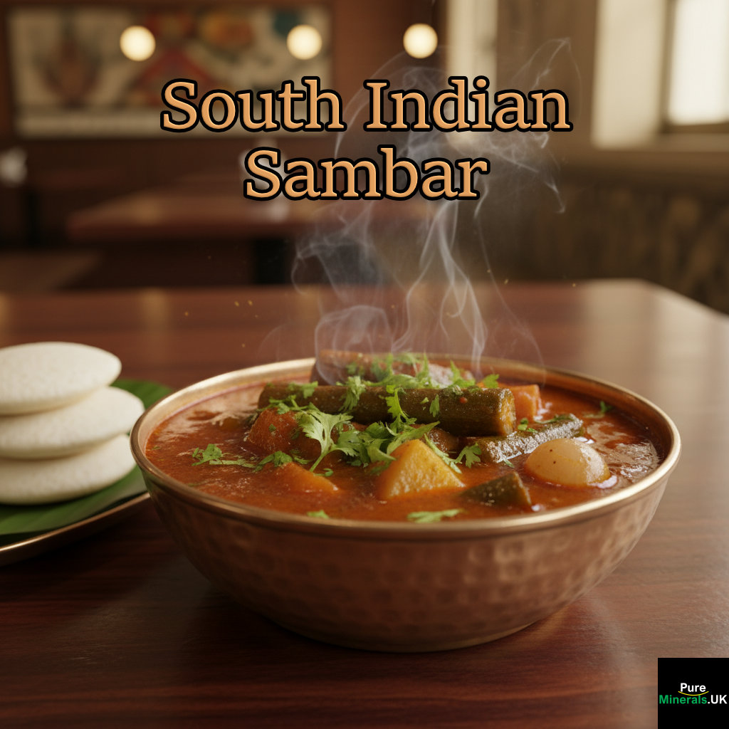Close-up of a steaming bowl of South Indian Sambar, garnished with fresh cilantro, on a dark wooden table in an Indian restaurant.