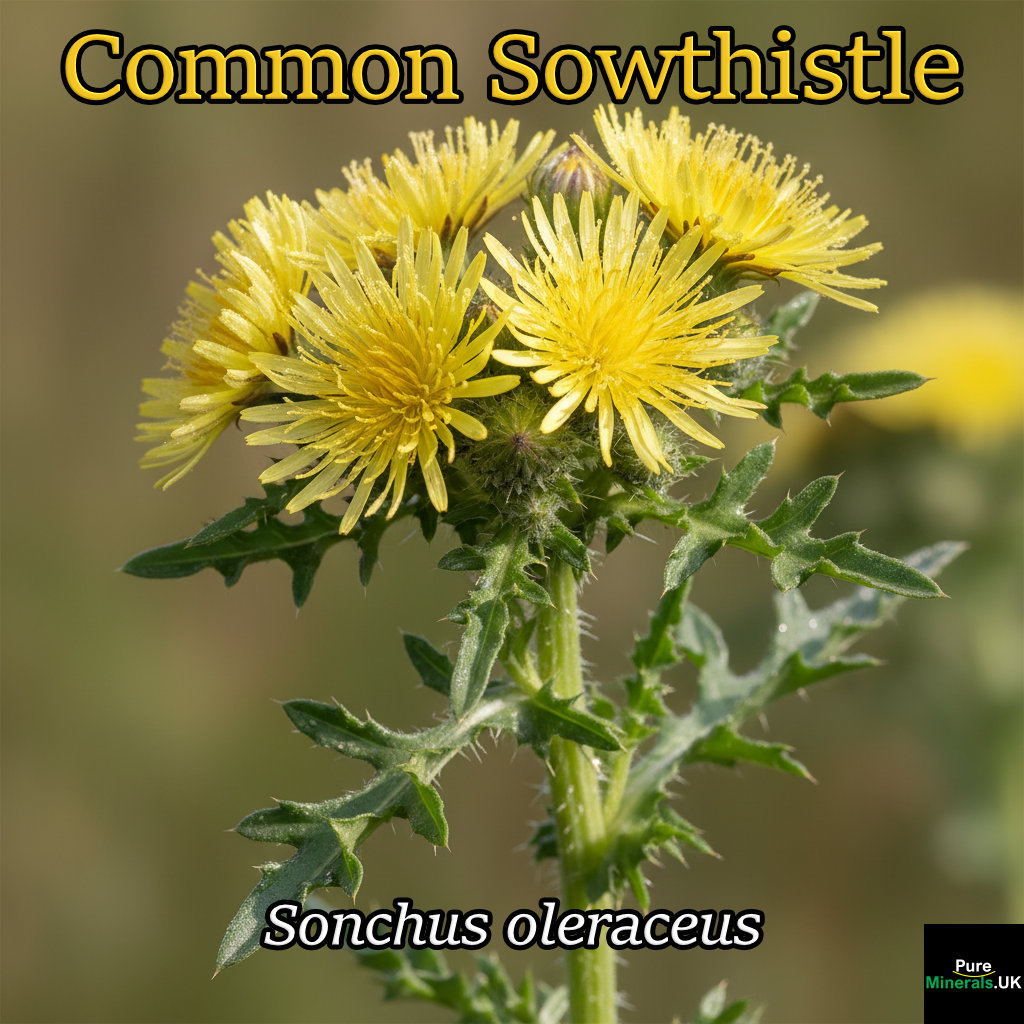 A close-up photograph of a Common Sowthistle (Sonchus oleraceus) showing pale yellow flowers, a smooth stem, and large, lobed leaves clasping the stem.