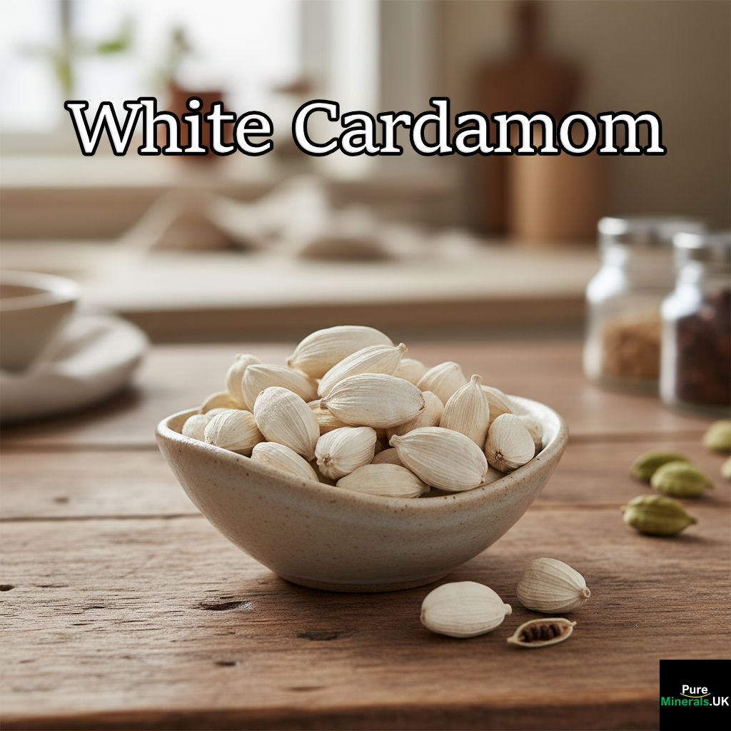 Close-up of pale white cardamom pods in a small, elegant bowl on a wooden kitchen surface.