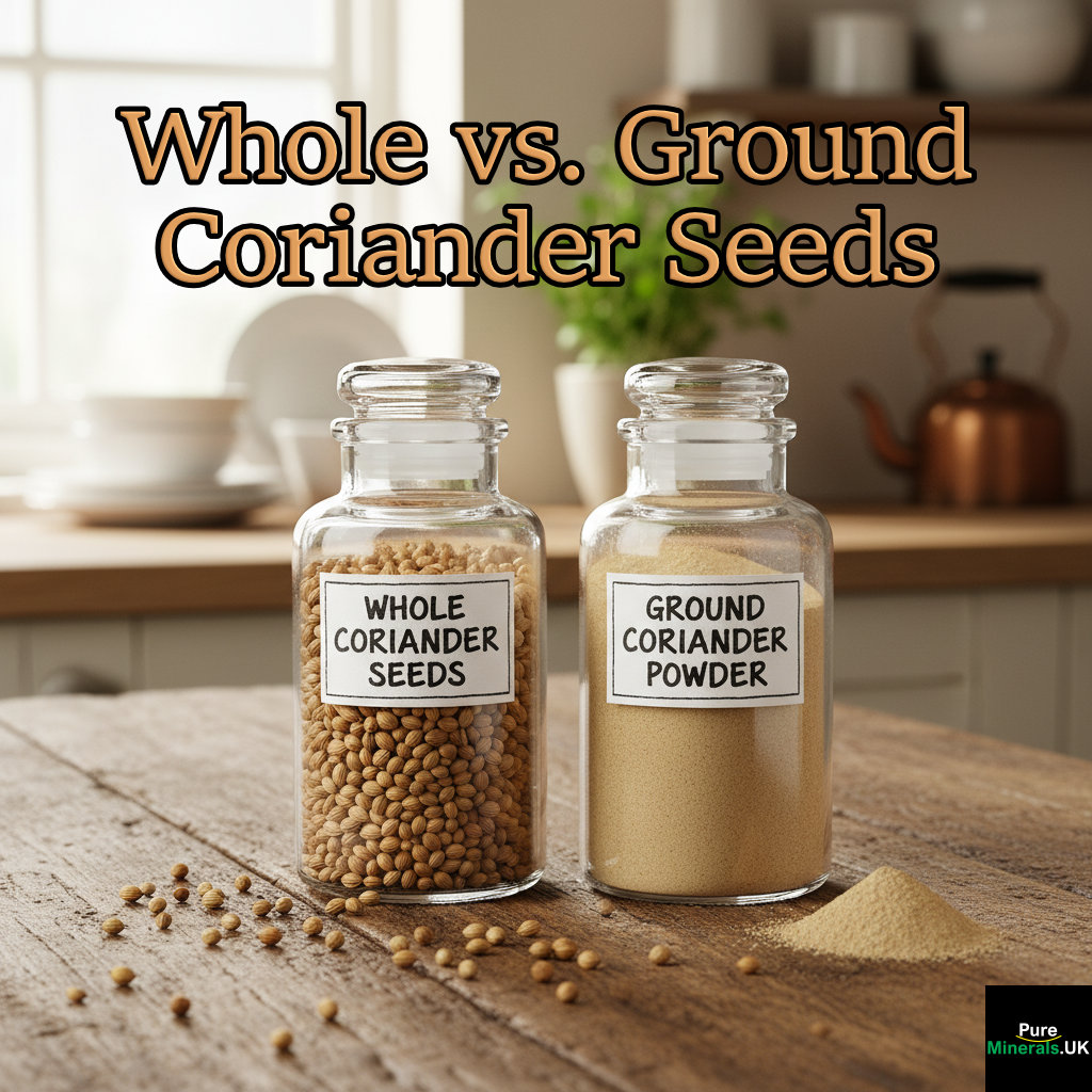 Two glass jars on a wooden table, one containing whole coriander seeds and the other containing ground coriander powder, illustrating the two forms of the spice.