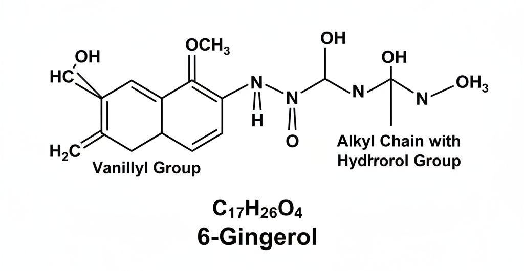 The chemical structure of 6-gingerol, showing a benzene ring with a methoxy and hydroxyl group, connected to a six-carbon chain containing a ketone and a terminal hydroxyl group.