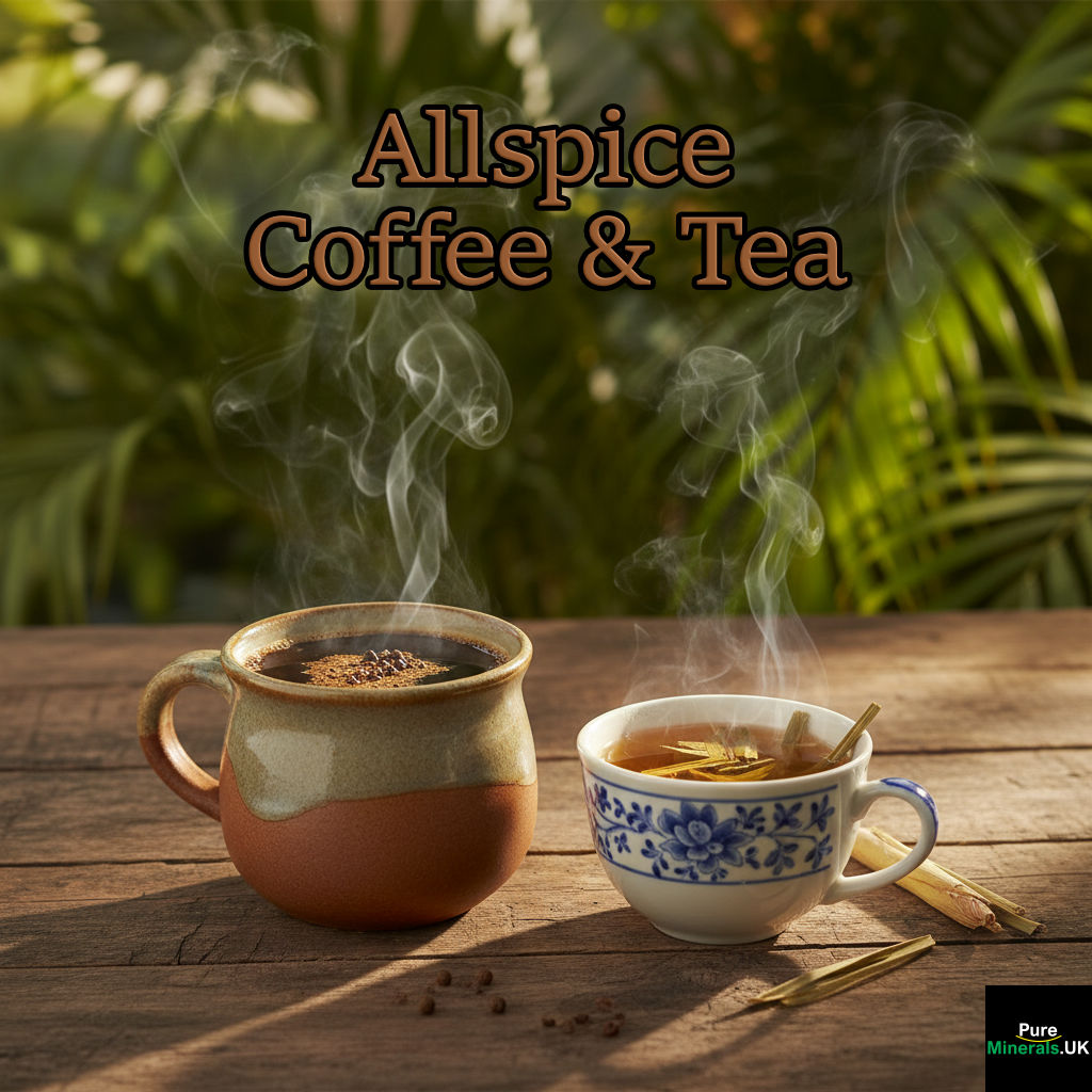 A close-up of a mug of dark coffee with allspice next to a cup of steaming herbal bush tea on a wooden table, with a tropical background.