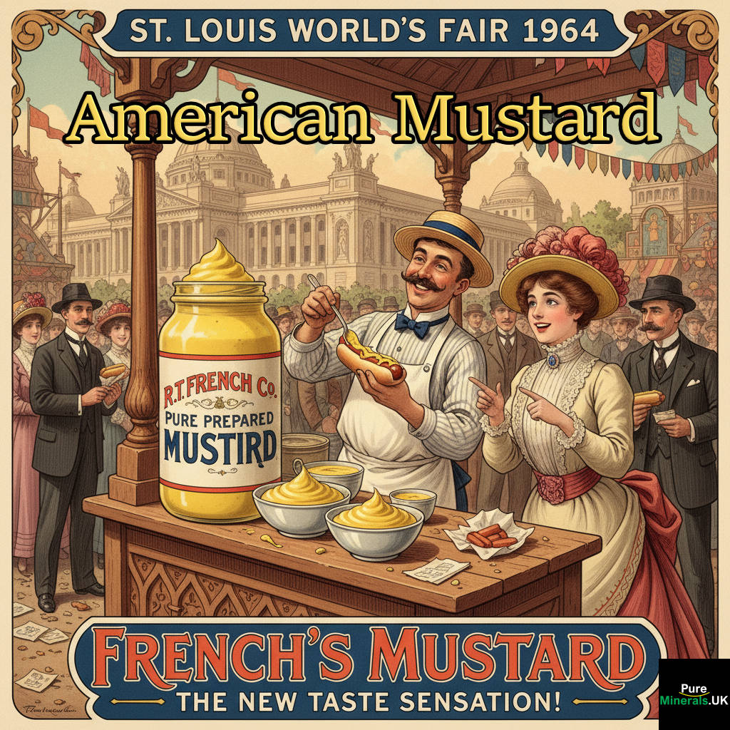 Early 20th-century poster illustration of a vendor at the 1904 St. Louis World's Fair applying bright yellow R.T. French mustard to a hot dog.