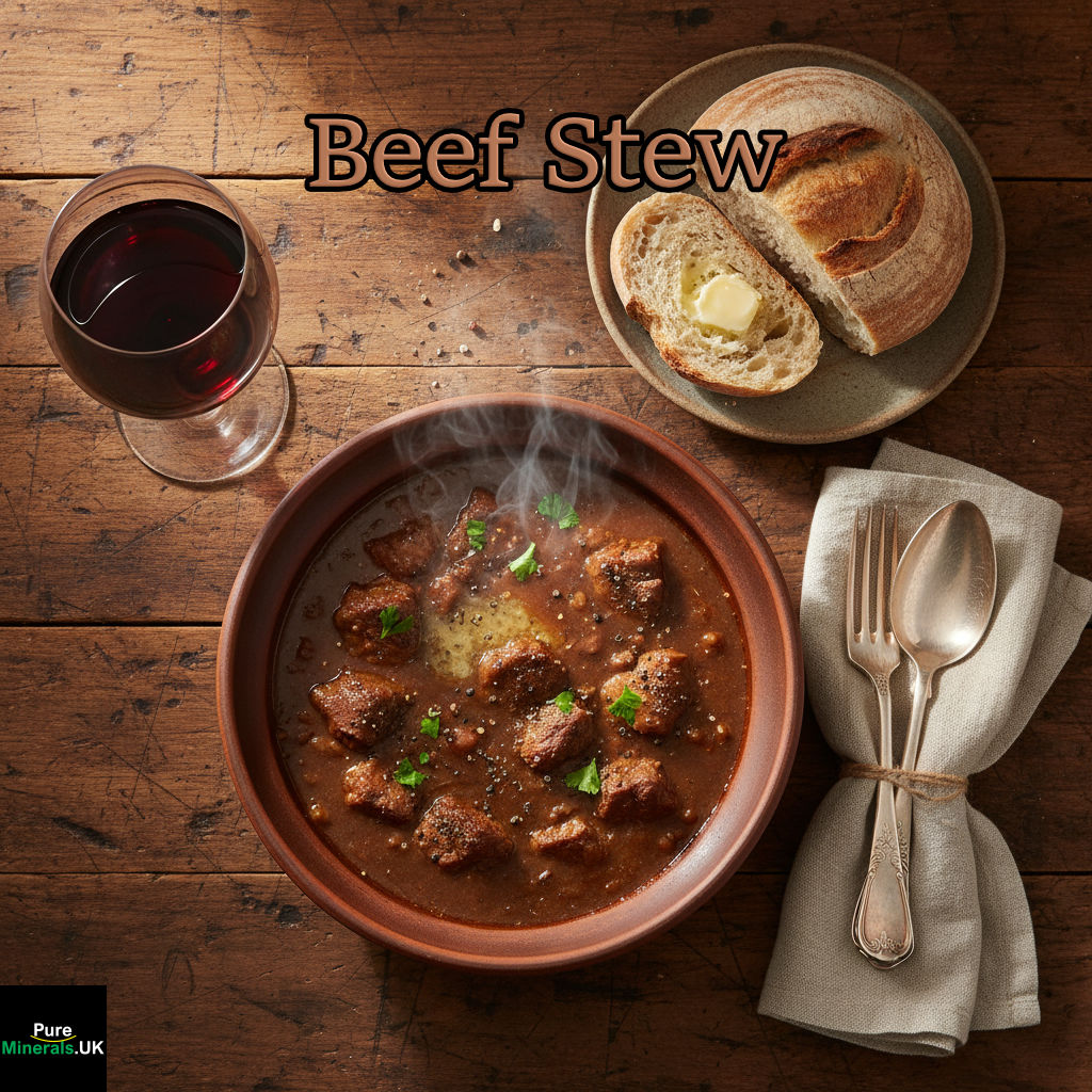 An overhead view of a dining table with a bowl of steaming, allspice-seasoned beef stew, red wine, bread, and cutlery.
