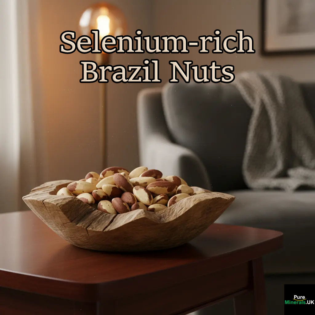 A wooden bowl filled with whole Brazil nuts sitting on a dark side table in a modern, warmly lit lounge.
