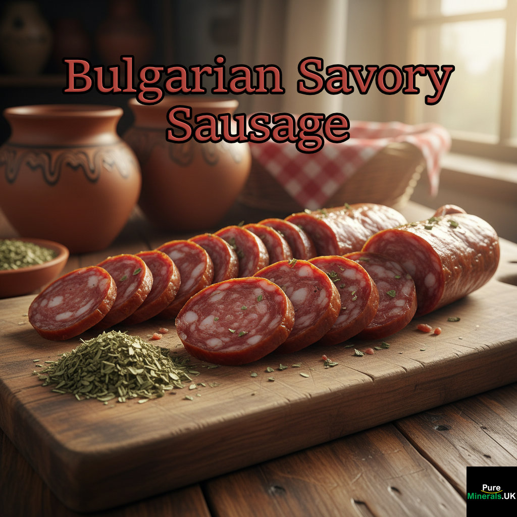 A close-up of sliced Bulgarian dry sausage on a wooden board, with a small pile of dried summer savory (chubritsa) next to it, set in a rustic kitchen environment.
