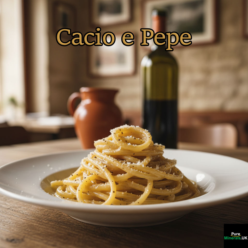 A twirl of spaghetti coated in a creamy Pecorino Romano and black pepper sauce, served on a white plate in an Italian restaurant.