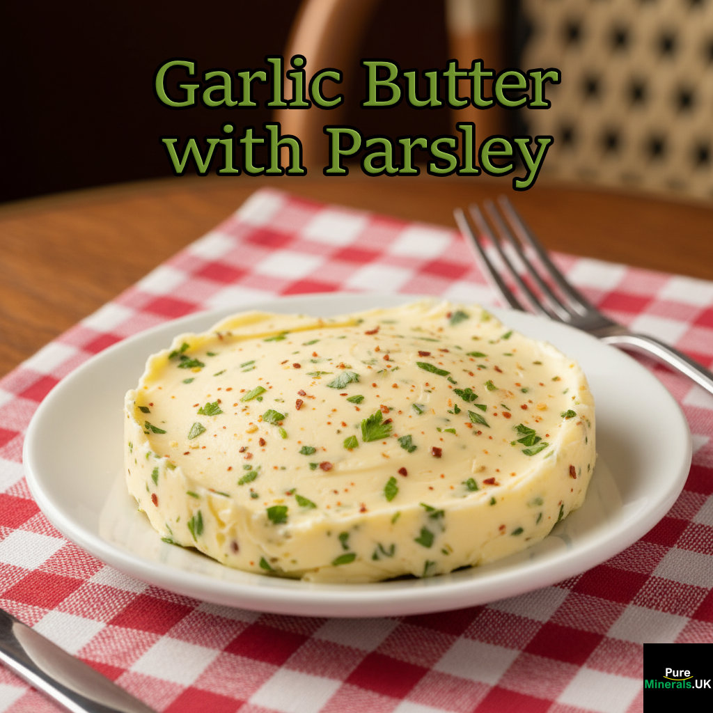 A slice of pale yellow Café de Paris Compound Butter, heavily flecked with green parsley, on a white plate set on a red and white checkered French bistro tablecloth.