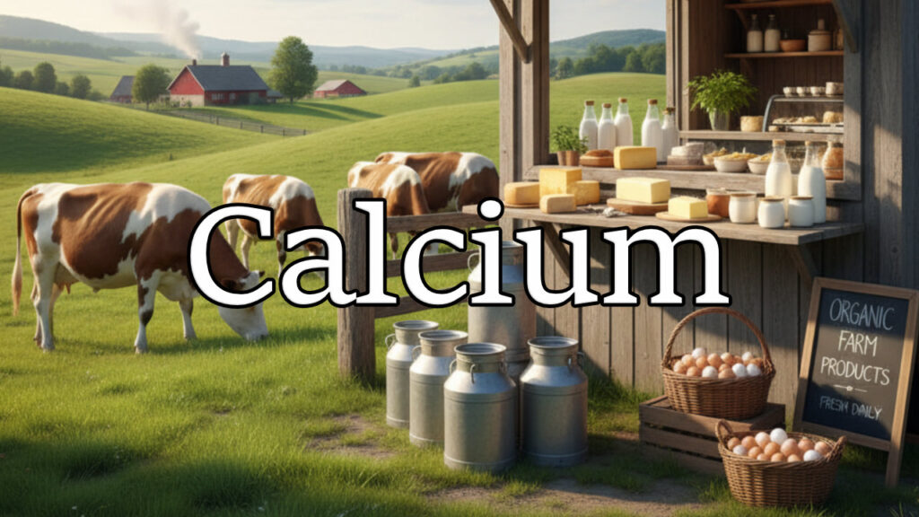 An idyllic organic calcium dairy farm scene featuring cows grazing, stacked milk churns, and a wooden market stall selling fresh milk, cheese, yogurt, butter, and eggs.