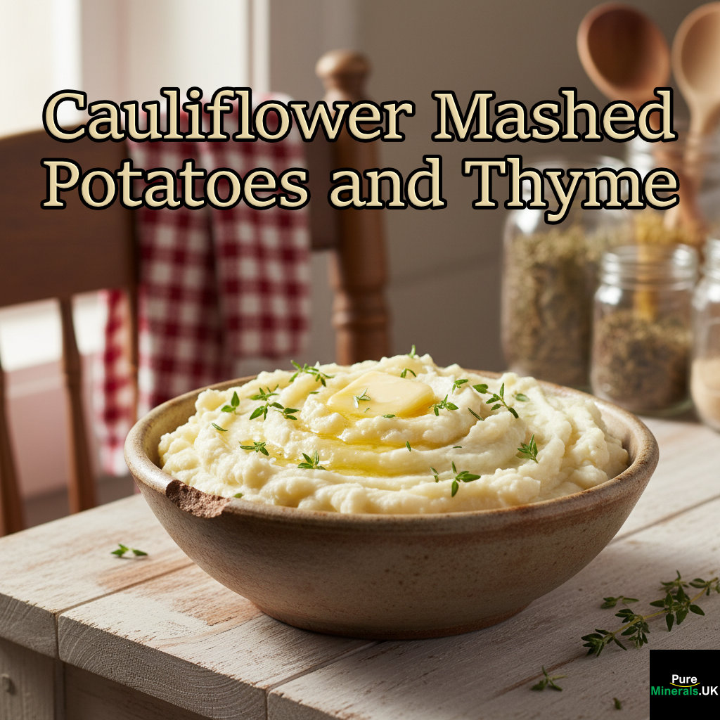 A rustic bowl of creamy cauliflower mashed potatoes with a pat of butter and fresh thyme on top, set on a wooden counter in a bright farmhouse kitchen.