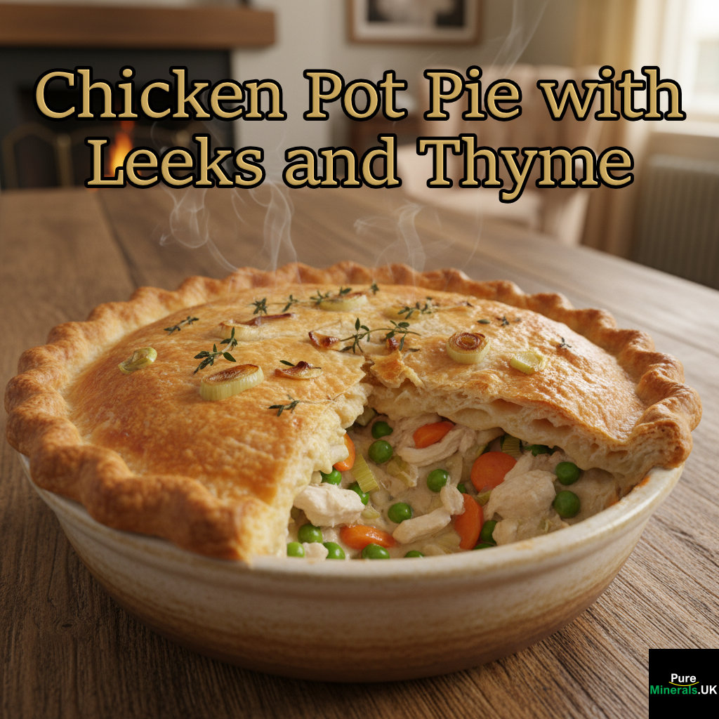 A freshly baked, golden-crusted chicken pot pie with leeks and thyme, served in a ceramic dish on a rustic wooden table, with one slice removed to show the creamy interior.
