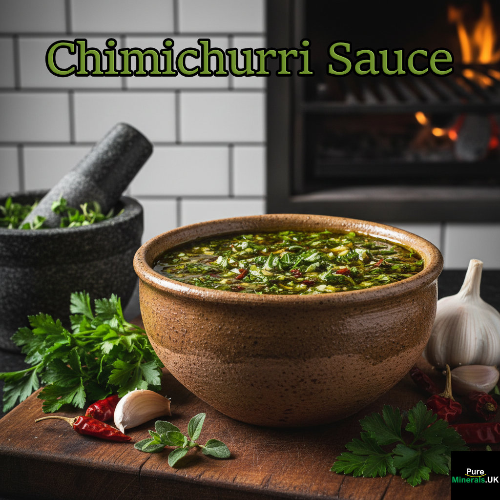 A rustic ceramic bowl of vibrant green Chimichurri Sauce, an Argentinian herb marinade, set on a wooden surface in a traditional kitchen with fresh parsley and garlic visible nearby.