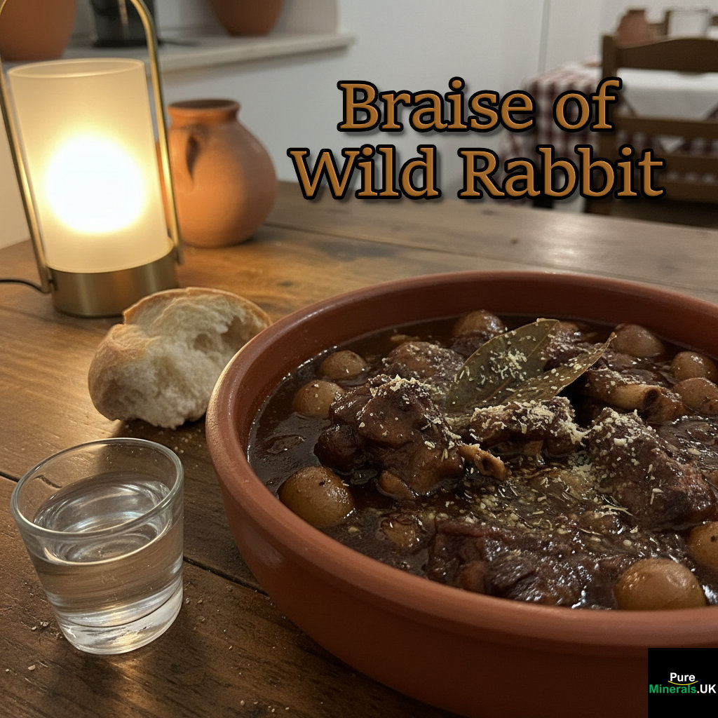A rustic bowl of dark, rich Greek wild rabbit braise on a wooden table next to a glass of clear Greek spirit.