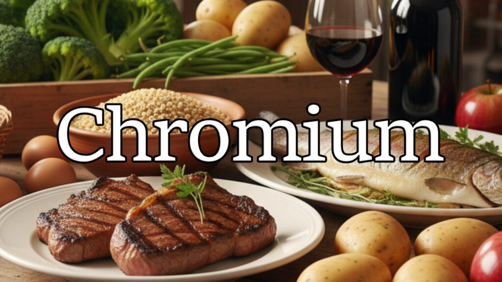 Various chromium-rich foods, such as grilled protein, whole grains, vibrant green vegetables, and red beverages.