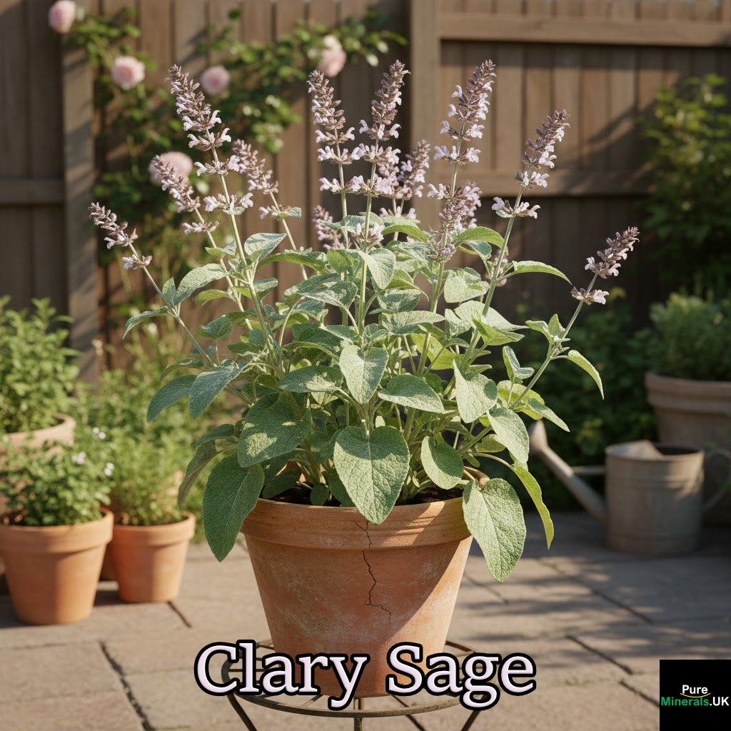A vibrant Clary Sage plant with large, velvety green leaves and tall spikes of pale purple and pink flowers growing in a rustic terracotta pot on a sunny backyard patio.