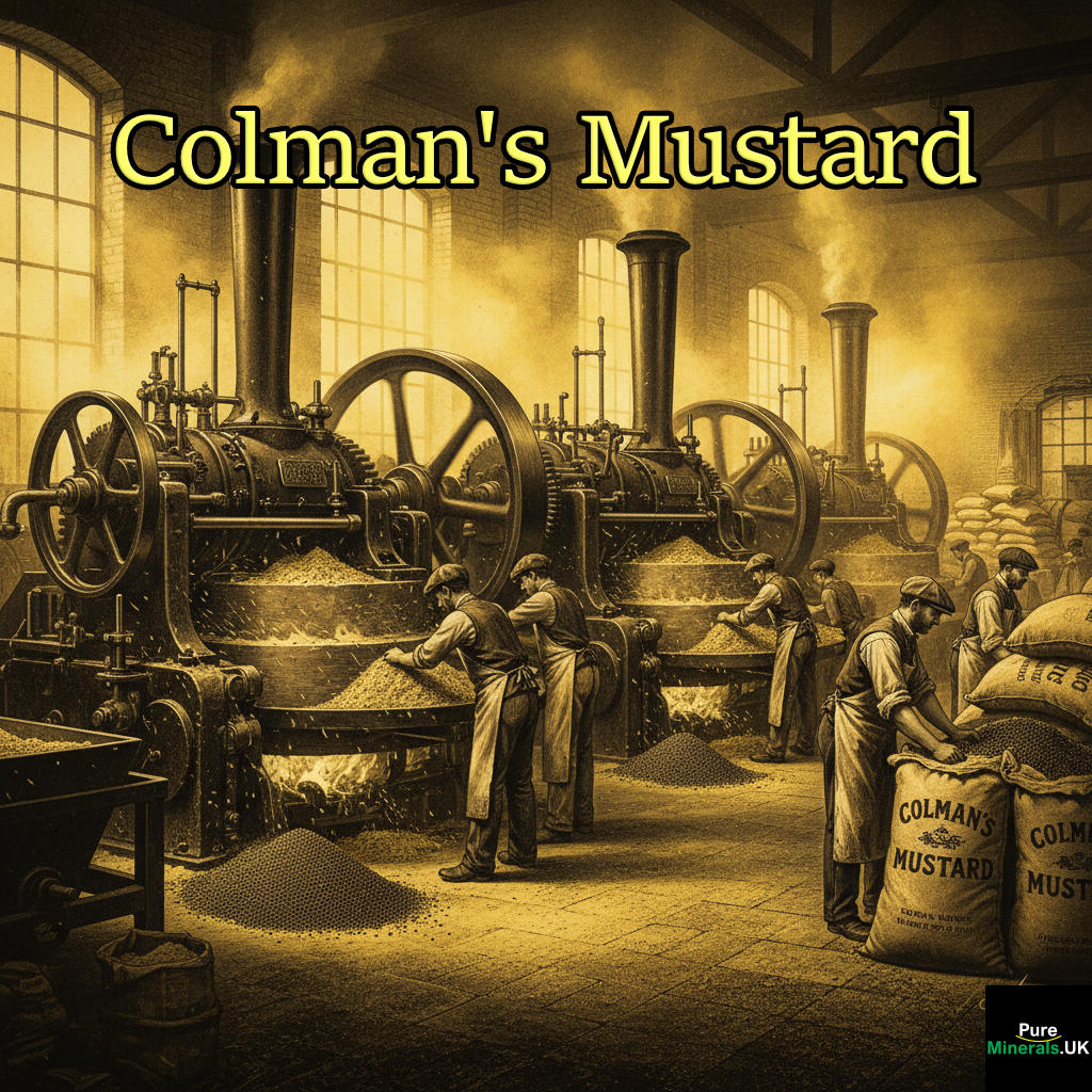 Industrial-era illustration of Colman's mustard factory workers operating steam-powered grinders to produce the bright yellow, searingly hot English mustard powder in Victorian England.