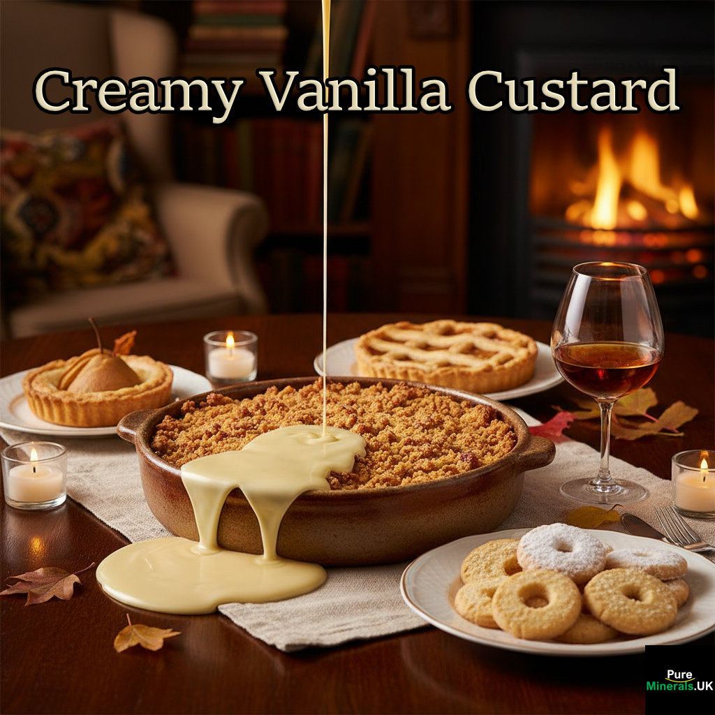 A serving of apple crumble topped with creamy vanilla custard on a dark wood dining table, set alongside a glass of port wine in a cozy, warmly lit room.