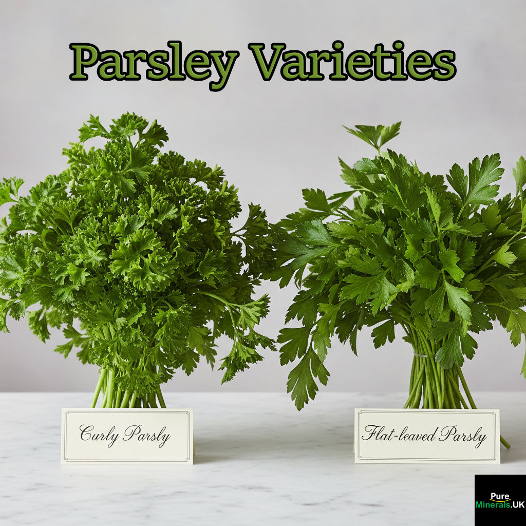 Close-up comparison of two types of parsley: Curly Parsley on the left with tightly ruffled leaves, and Flat-leaved Italian Parsley on the right with broad, smooth leaves. Both are dark green and professionally lit.