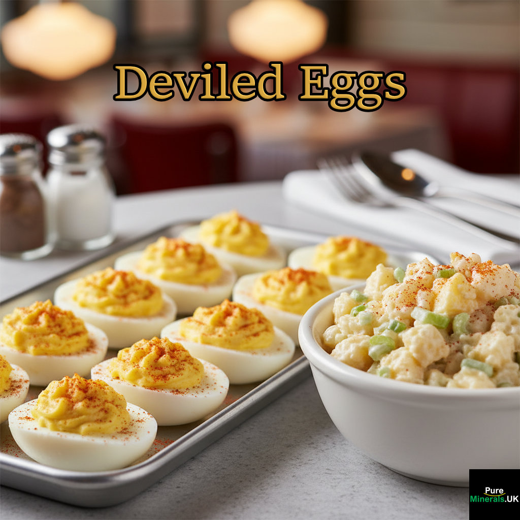 A platter of deviled eggs and a bowl of potato salad, both garnished with a bright red dusting of paprika, set on a table in a casual American diner.