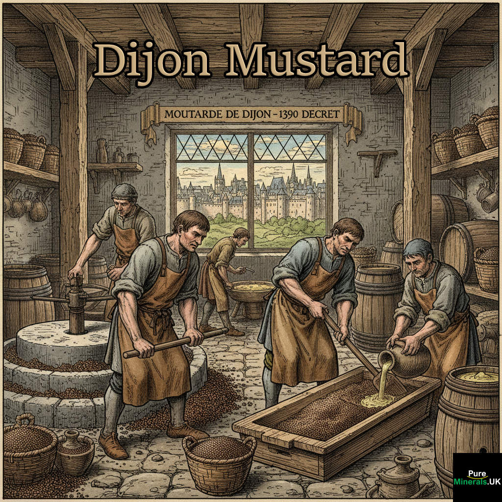 Illustration of 14th-century Dijon artisans making mustard in a medieval workshop, grinding brown seeds with stone mills and mixing with verjuice, set against a backdrop of historic Dijon.