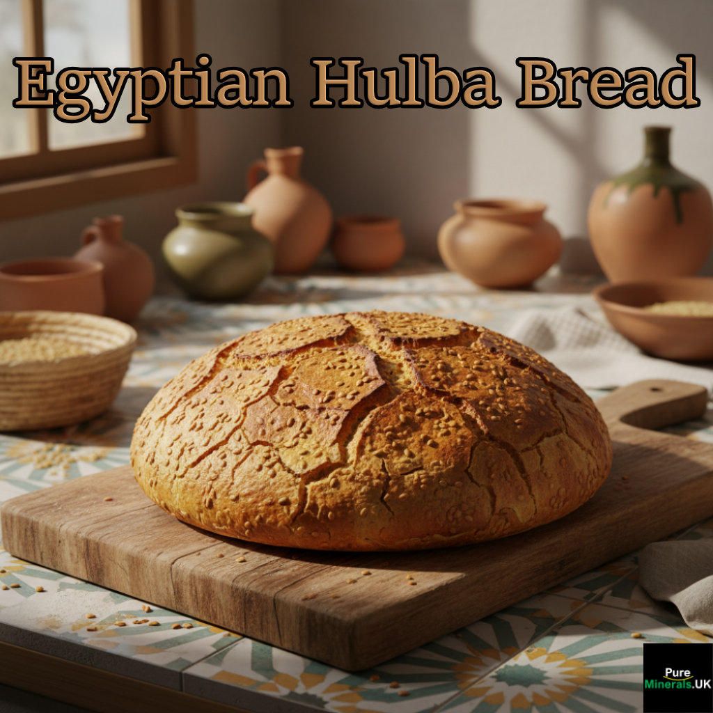 A rustic, round loaf of Egyptian Hulba bread, made with fenugreek seeds, sitting on a wooden board in a sunlit traditional Egyptian kitchen.