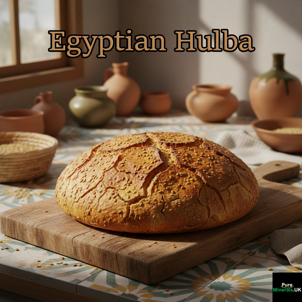 A rustic, round loaf of Egyptian Hulba bread, made with fenugreek seeds, sitting on a wooden board in a sunlit traditional Egyptian kitchen.