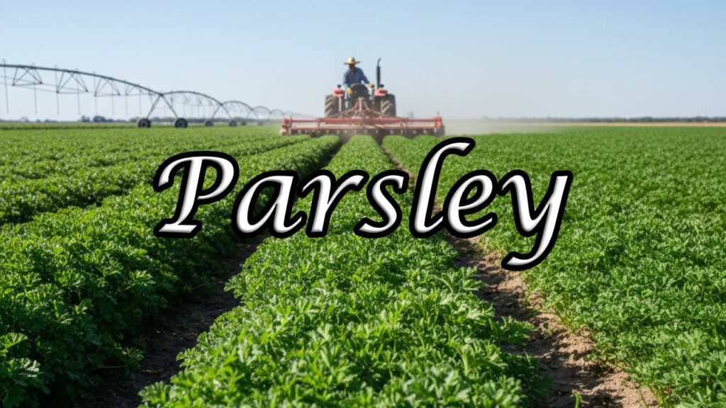 A large farm field with long, neat rows of vibrant green parsley plants growing under a bright, sunny sky.
