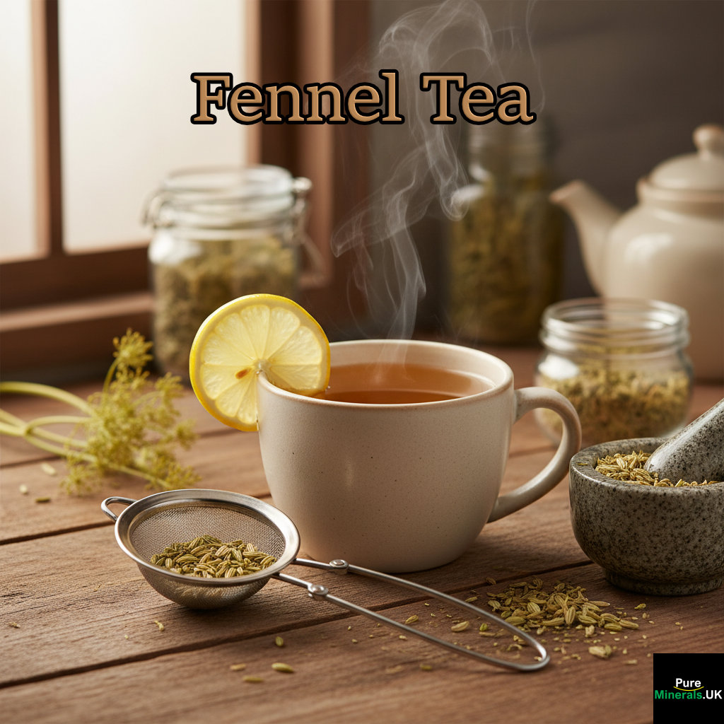 A steaming cup of fennel tea with lemon, a pestle and mortar with crushed fennel seeds, and a tea infuser on a rustic wooden kitchen table.