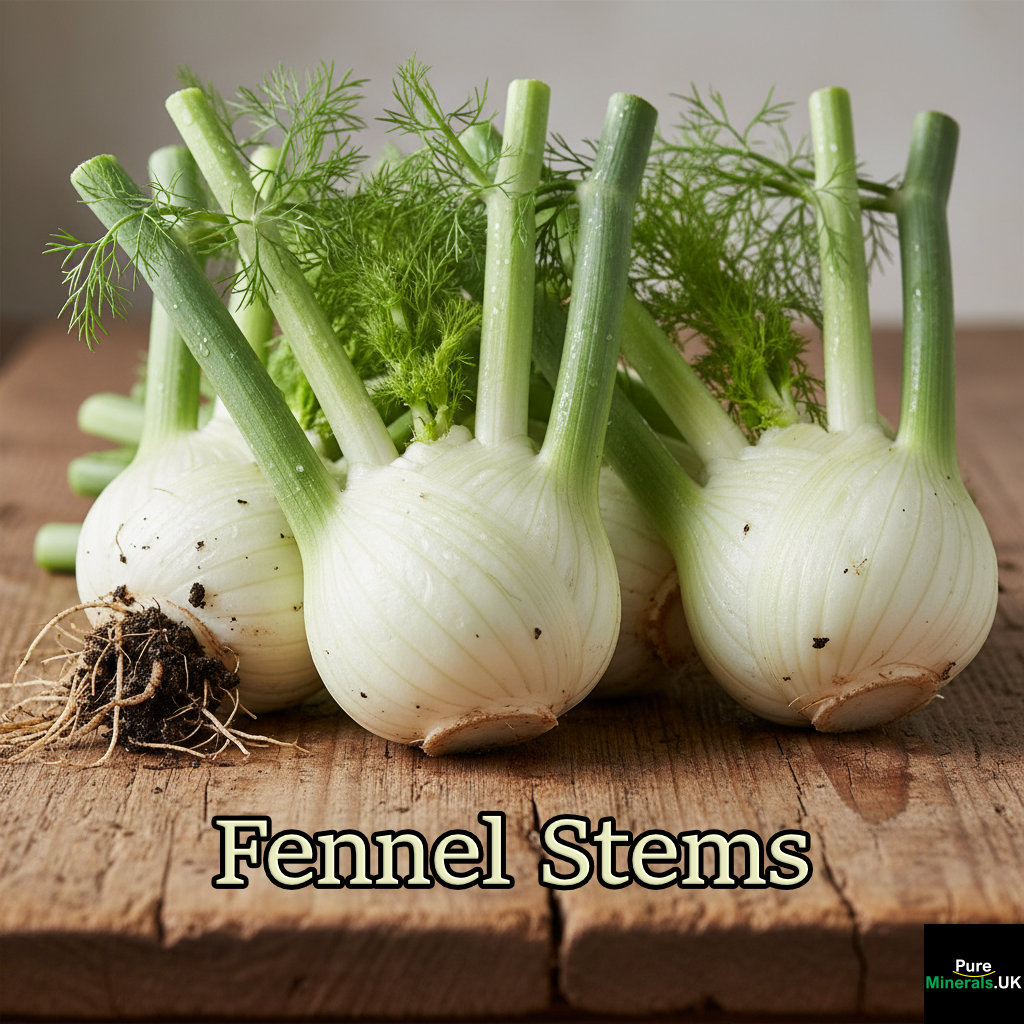 A bunch of freshly uprooted fennel bulbs with green stems and feathery fronds resting on a wooden kitchen table.