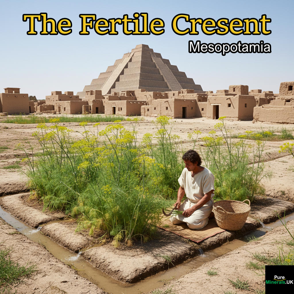 Historical image of a figure harvesting tall, green fennel plants in an irrigated plot in the Fertile Crescent, with mud-brick Mesopotamian architecture in the background, circa 2000 BCE.