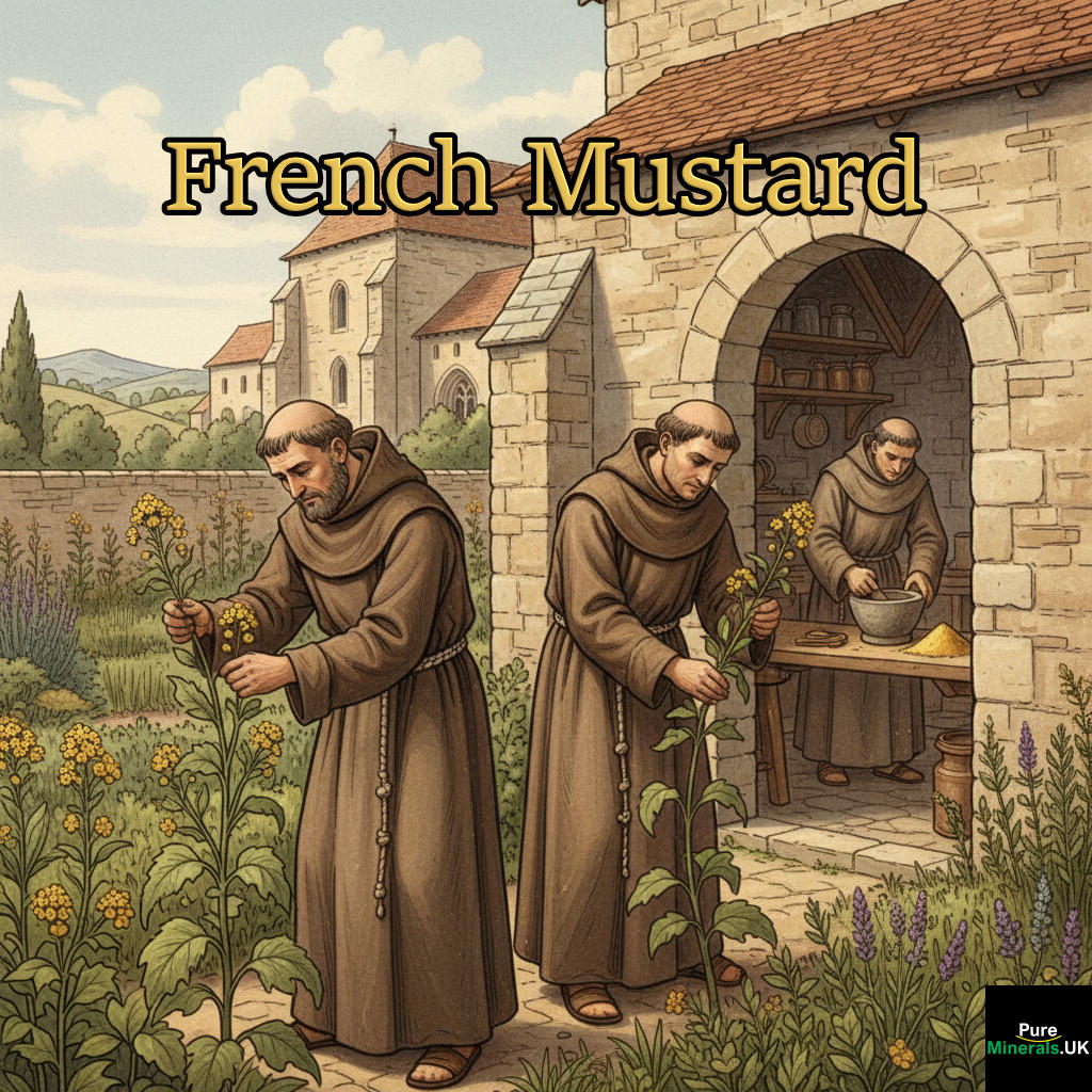 Atmospheric illustration of 9th-century French monks harvesting mustard plants in a monastery garden near Dijon, with one monk grinding seeds inside a stone kitchen, reflecting the origins of Dijon mustard.