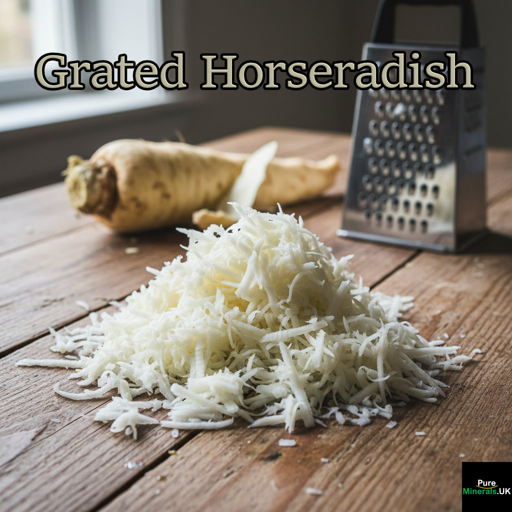 A close-up view of a pile of freshly grated white horseradish root on a wooden table, with a piece of the whole root and a grater in the background.
