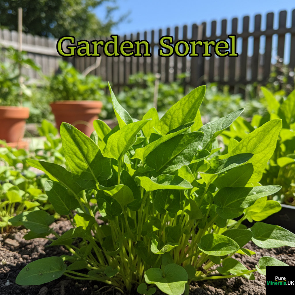 Close-up of bright green Sorrel leaves growing in a small herb garden on a sunny summer day.