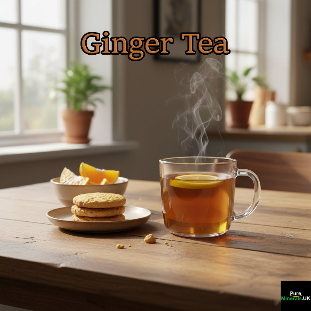 A warm glass mug of ginger tea with lemon and steam, next to a plate of honey biscuits and fresh fruit on a wooden table, lit by natural window light.