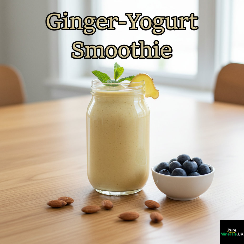 A tall glass of Ginger-Yogurt smoothie with a straw, garnished with mint and ginger, sitting on a wooden table next to a bowl of fresh blueberries and almonds.