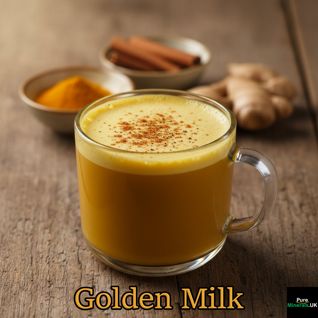 A warm, golden-yellow turmeric latte in a clear mug on a wooden table, surrounded by the raw ingredients: turmeric powder, cinnamon sticks, and ginger root.