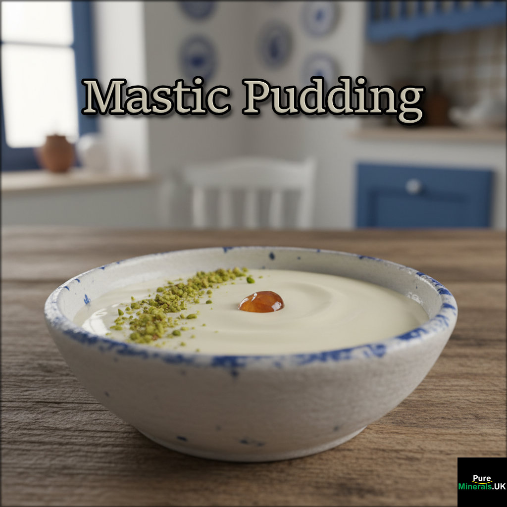 A bowl of creamy, pale Greek Mastic Pudding garnished with pistachios and a mastic tear on a wooden table.