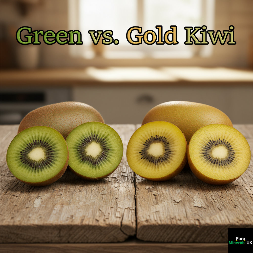 A close-up photograph of contrasting green kiwi and gold kiwi, both whole and sliced, on a wooden kitchen table. The green kiwi shows fuzzy brown skin and vibrant green flesh, while the gold kiwi shows smoother, bronze skin and bright yellow flesh.