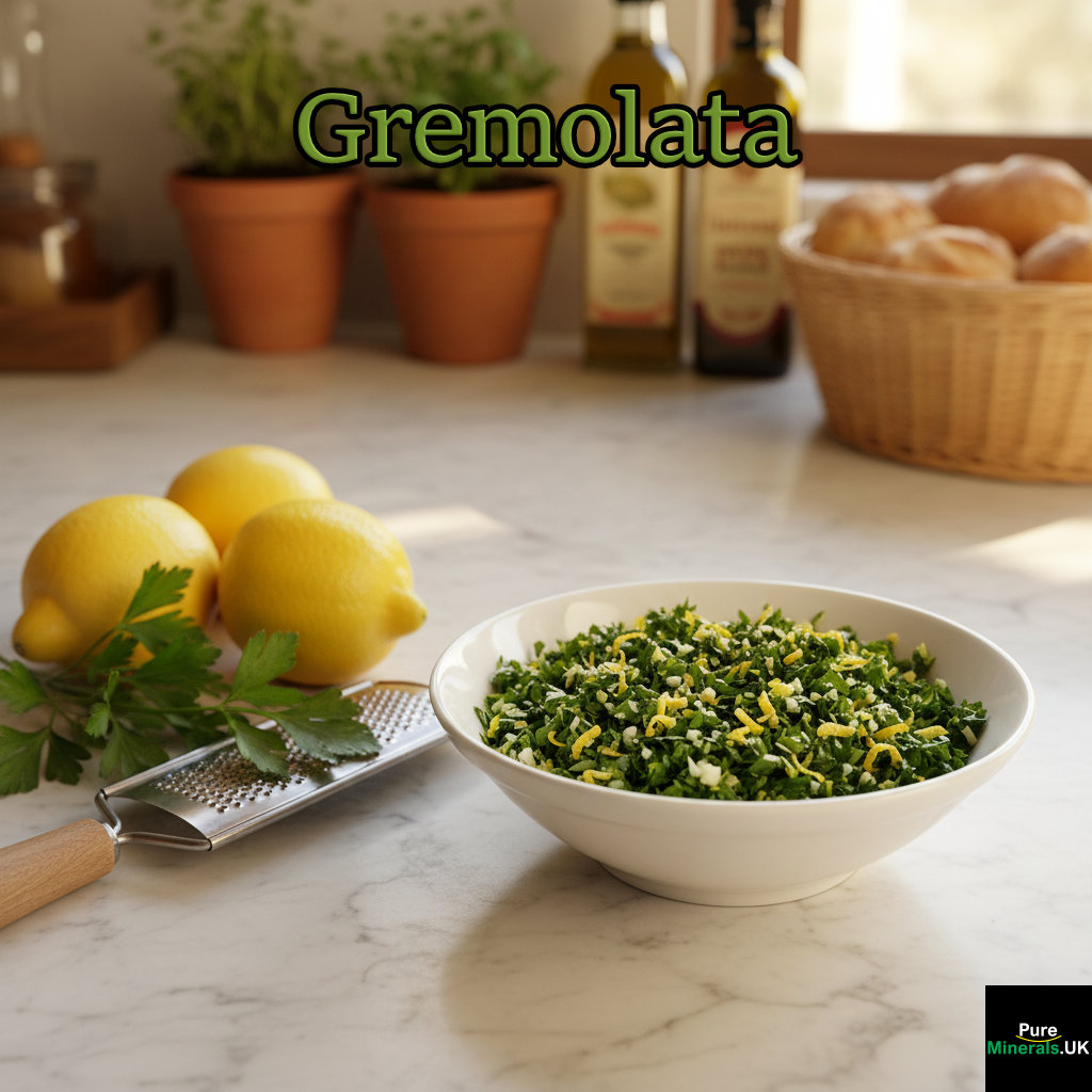 A small bowl of Gremolata, made with finely chopped parsley, lemon zest, and garlic, on a marble countertop in an Italian kitchen with lemons, parsley, and a grater nearby.