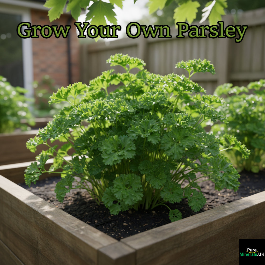 Close-up view of lush, healthy curly parsley growing in a small wooden raised garden bed.