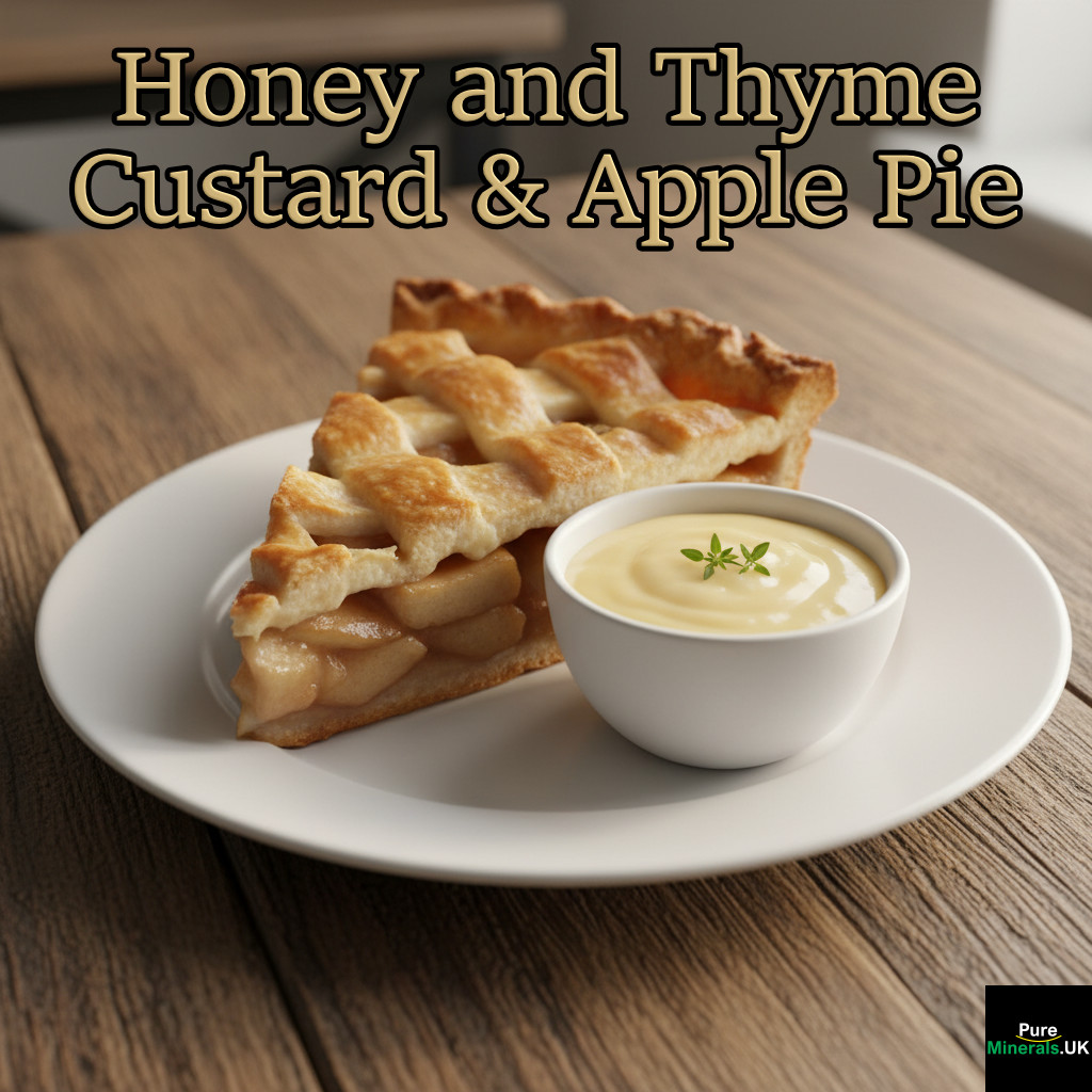 An elegant plating of a slice of apple pie with a lattice crust, served next to a small bowl of creamy honey and thyme custard, on a white plate.