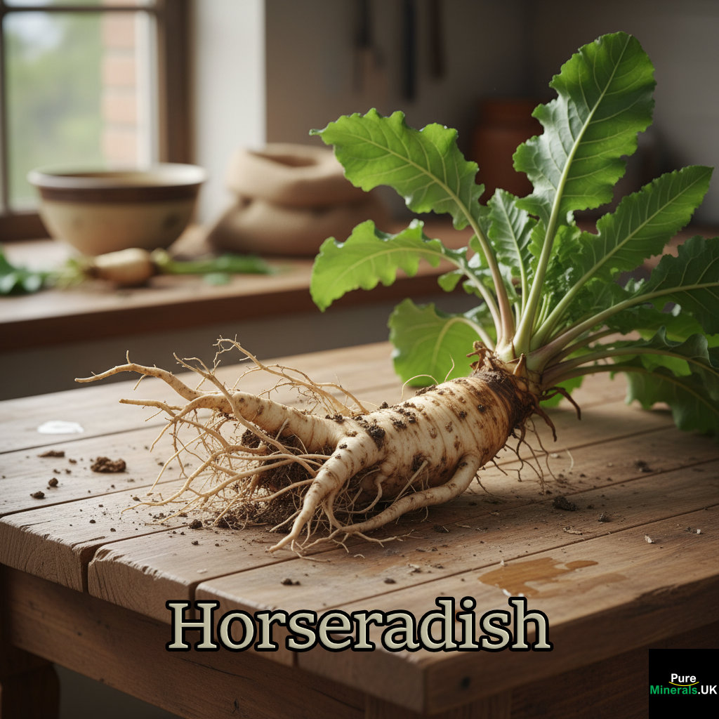 An uprooted horseradish plant with a thick, white root and large green leaves resting on a rustic wooden farmhouse kitchen table.