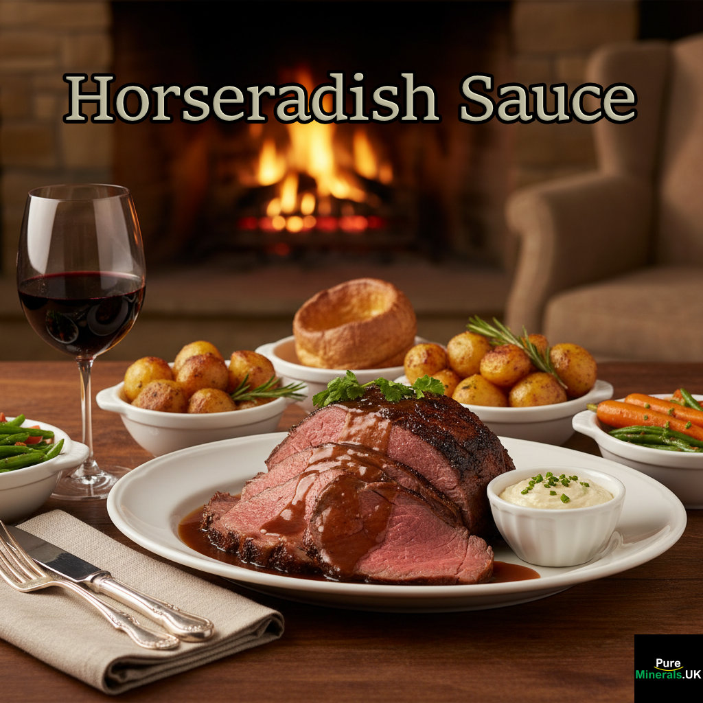 A plate of Sunday roast beef dinner with gravy and vegetables, accompanied by a small bowl of creamy horseradish sauce on a dining table with a fireplace in the background.