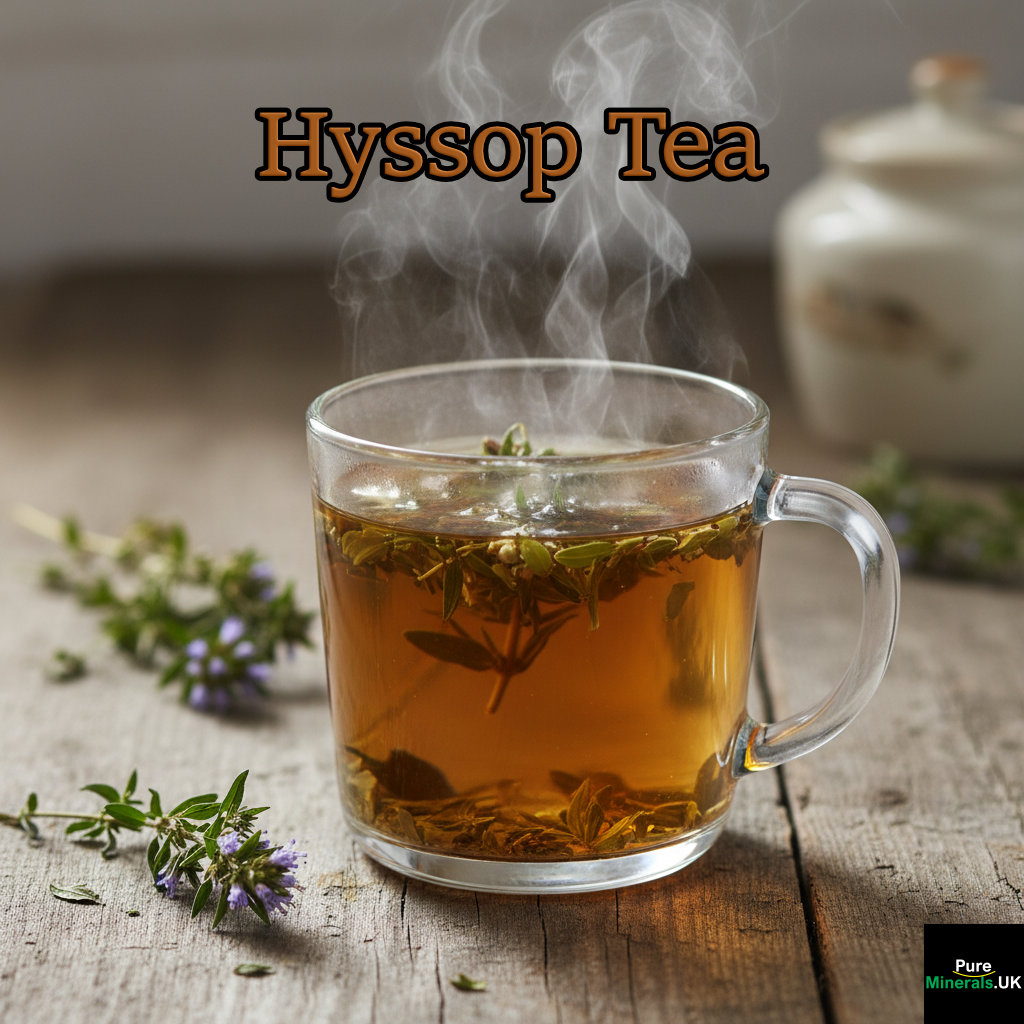 A clear glass mug of steaming Hyssop tea on a wooden table, with visible steam rising and dried herbs steeping in the golden liquid.