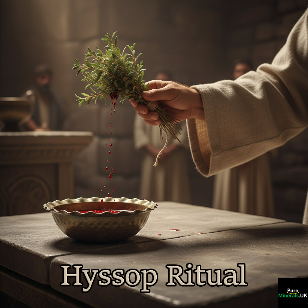 A priest's hand holding a bundle of Hyssop, dipping it into a bowl of liquid during an ancient Judean purification ritual on a stone surface.