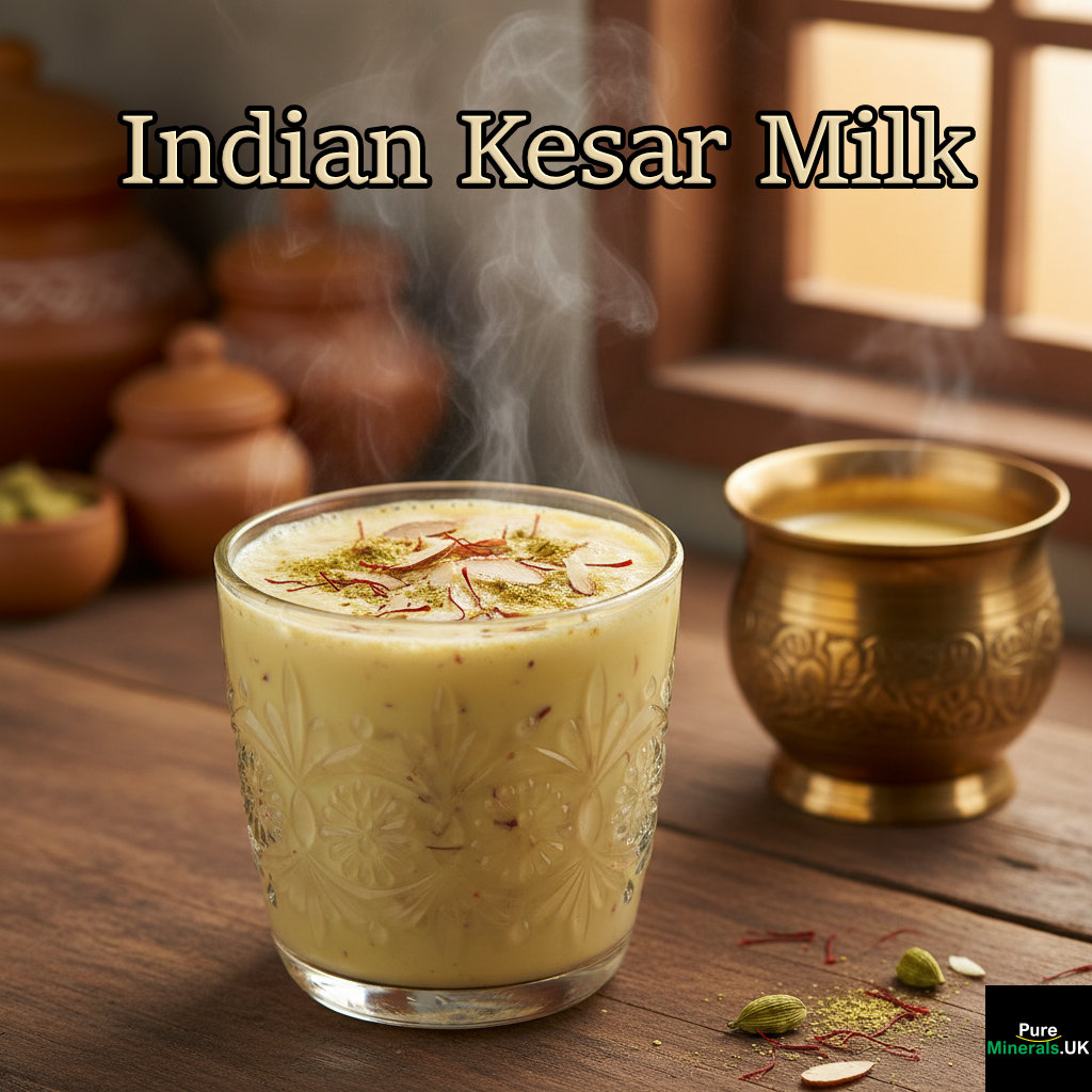 Close-up of a glass of warm, creamy saffron milk (Kesar Milk) garnished with almonds and cardamom, with visible saffron threads.