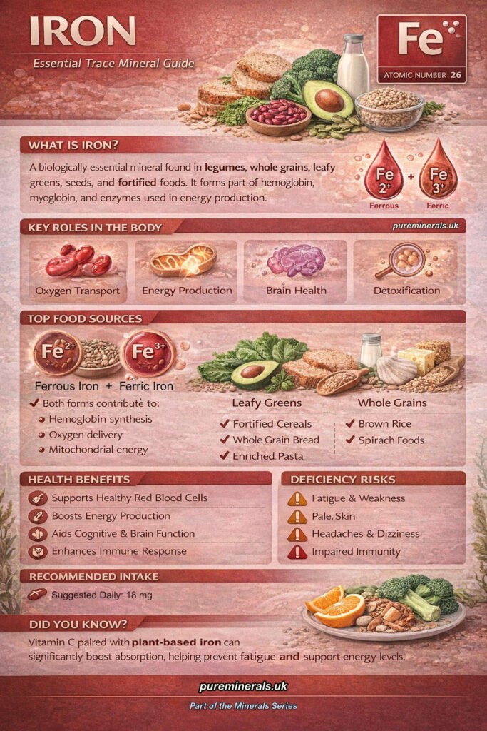 Iron trace mineral infographic showing oxygen transport, energy production, plant-based food sources, and absorption factors