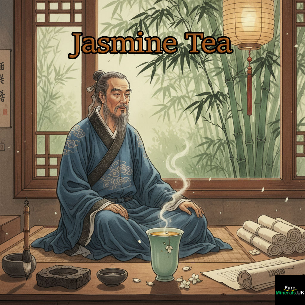 A Ming Dynasty Chinese scholar seated in a serene studio with a cup of jasmine tea, symbolizing the drink's popularity among intellectuals.